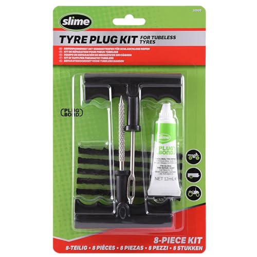Slime 20500 Kit de Réparation de Pneu avec Alésoir et Porte-Mèche, Mèches de Taille Moyenne Extrêmement Résistantes, Poignée en Forme de T et Colle à Mèche, Lot de 8 Pièces