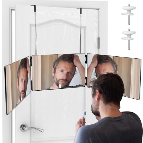 Lixiluxia Miroir 360°Coiffure Homme, Miroir 3 Faces Pliable avec Crochets réglables en Hauteur, pour Coiffure, Rasage, Maquillage pour Salle de Bain, Chambre à Coucher, Douche (sans LED)