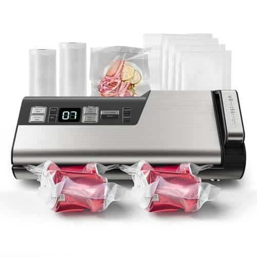 Mesliese Machine à emballer sous vide, 95 kPa 140 W, à une main, double bande d'étanchéité avec cutter intégré et affichage du compte à rebours, 2 rouleaux de sac, 5 sacs prédécoupés, compatible avec