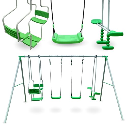 HyperMotion Swing HYP7 Balançoire 6 Places - 2 Sièges Simples, Double Balançoire Face-à-Face, Balançoire Oscillante - Cadre Acier 350cm, Ancres Montage, Vert - Enfants 3+