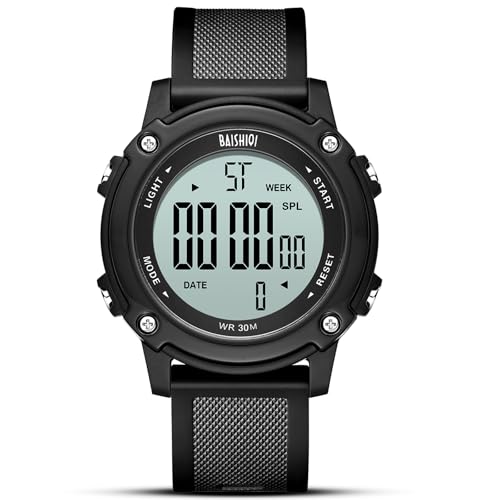 BAISHIOI Montre pour homme numérique de sport militaire étanche avec rétroéclairage/chronomètre/réveil et minuterie, noir, Bracelet