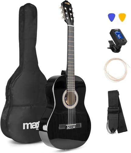 Max SoloArt - Guitare Classique Adulte Débutant - Noir, Cordes en Nylon, Livré avec un Tuner Digital, un Sac de Transport, des Médiators et une Sangle, Idéal pour Musiciens Débutants