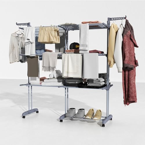 Fabulcozy Séchoir à Linge Pliable Étendoir à Linge 4 Niveaux avec roulettes Utilisation intérieure et extérieure