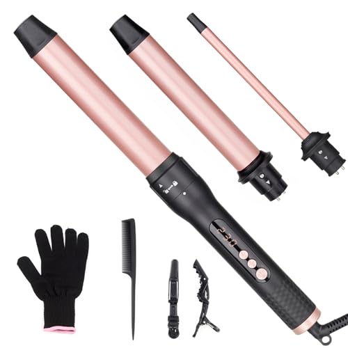 Fer à Boucler Boucleur Céramique Fer à Friser 3 en 1 avec LCD Écran pour créer de grosses vagues, Multifonction Interchangeable boucleur a cheveux avec Gant