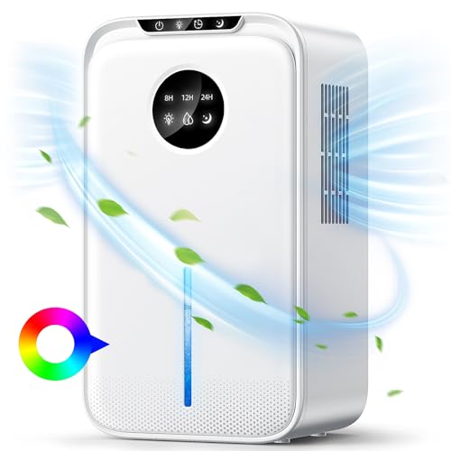 Déshumidificateur d Air avec Tuyau Drain 2500ML,Deshumidificateurs Electrique Silencieux 24H Sommeil Timer,Arrêt Automatique LED 7 Colorées pour Bain,Chambre,Armoire