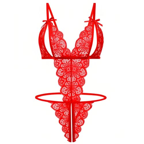 KSJEHW Lingerie Sexy Femme Body et Combinaison Dos Nu en Dentelle Décolleté en V Sexy Teddy Lingerie Culotte Ouverte Erotique Nuisette sous Vêtements Ensemble Lingerie(rouge, M)