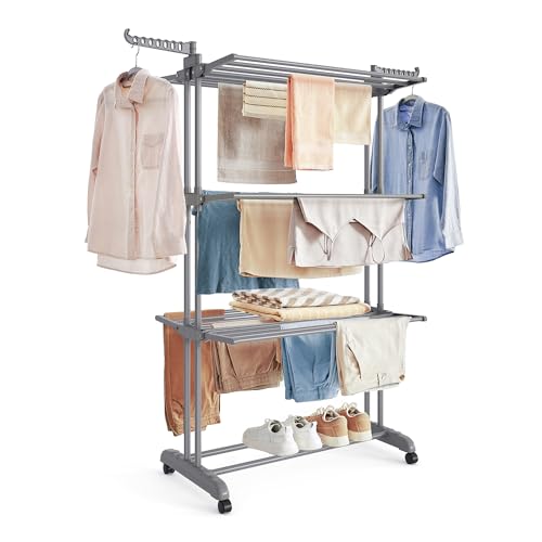 SONGMICS Étendoir à Linge, Séchoir Mobile à 4 Niveaux, avec roulettes, Pliable, 63,5 x 128 x 173 cm, Grande Capacité, Montage Facile, Utilisation Intérieure et Extérieure, Gris LLR701G01