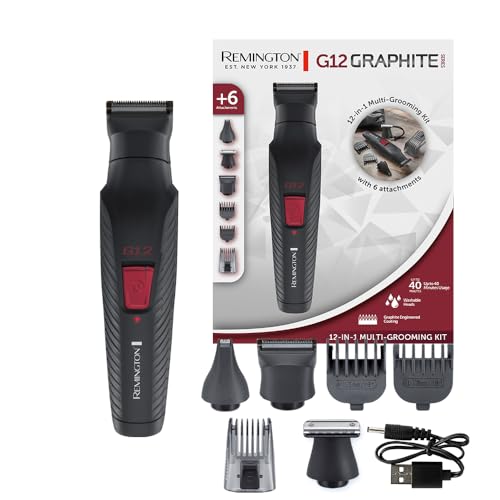 Remington Tondeuse multifonction 12en1 (Kit de rasage pour visage,barbe, sourcils,oreilles & nez, corps avec 3 têtes + 3 sabots, Tondeuse de précision, lames auto-affûtées en graphite, USB) G12 PG2120