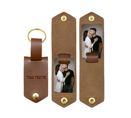 Porte Clé En Cuir Personnalisé avec Texte Gravé et Deux Photos Sublimées