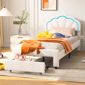 Générique Lit pour Enfant Fille 90 x 200 cm, lit Simple rembourré, Bed de Pétales, Cadre de Lits avec tête de Lits Ajustable en Hauteur et sommier à Lattes, sans Matelas(YZBD-1-1)