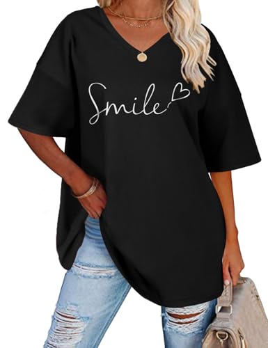 heekpek Tee Shirt Femme Oversize T-Shirts à Manches Courtes Cotton Été Chic Grande Taille T Shirt Col V Tee Shirt Lâches Hauts, Noir-1, XXL