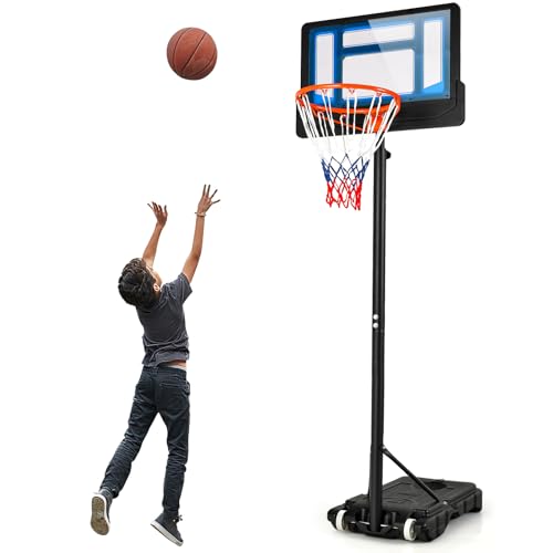 GYMAX Panier de Basket Extérieur pour Enfants, Hauteur Réglable de 90 à 210 CM, Base Stable Remplissable d’Eau ou de Sable, Mobile avec roulettes, Panneau Résistant, Poteau en Métal (Bleu)