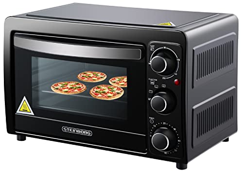 STEInBORG Mini four à pizza, 15 l, 3 en 1, mini four, plaque ramasse-miettes, chaleur de voûte et de sole, économe en énergie, minuterie 60 min