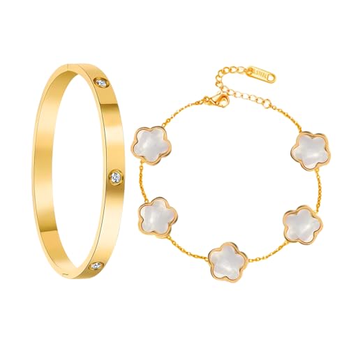 GWAWG Bracelet Trèfle Chanceux Femme, Ensemble de 2 Bracelets Femme en Acier Inoxydable Plaqué Or 18 Carats, Bijoux Trèfle à 4 Feuilles pour Mariages, Anniversaires, Fêtes et Cadeaux Chanceux
