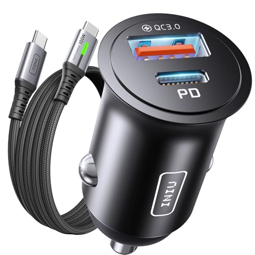 INIU Allume Cigare USB C, 2 Ports 60W Charge Rapide Chargeur Voiture avec [1m] 100W Câble QC 3.0 Type C, Prise Allume Cigare 12V pour iPhone 16 15 Pro Max Mini Plus Samsung S25 Huawei Xiaomi AirPods