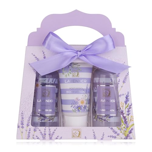 Accentra - Set de douche cadeau pour femmes LAVANDE dans caisse-cadeaux - Kit soins 3 pcs avec gel douche, lotion pour corps & bain moussant - Ensemble bien-être pour l'anniversaire & Saint-Valentin