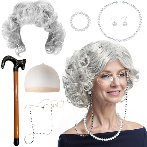 JSTHHTT 9Pcs Kit De Deguisement Grand Mere, Déguisement Vieille Dame, Ensemble De Costumes De Grand-Mère Accessoires, Perruque Grise, Bijoux En Perles Artificielles Pour Halloween Cosplay Carnaval