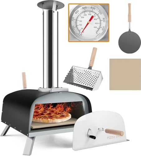 GYMAX Four à Pizza Extérieur à Bois ou à Pellet, avec Thermomètre, Pelle à Pizza, Pierre à Pizza de φ33CM, Température Max. 450 ℃, pour Jardin, Camping, Fête