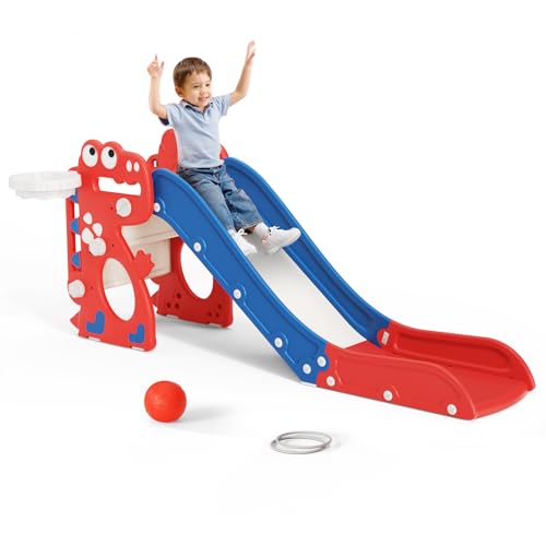 Toboggans autoportants, kit de jeu pour tout-petits avec toboggan, panier de basket et télescope, aire de jeux pour enfants pour l'intérieur et l'extérieur, toboggans extra longs pour plus de plaisir