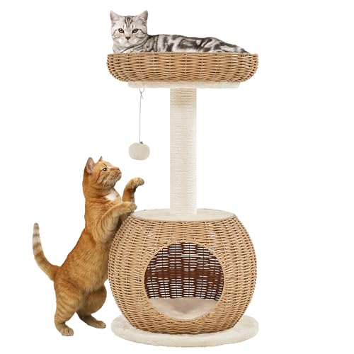 Yaheetech Arbre à Chat en Rotin Tour pour Chat en Peluche Design Moderne avec Cachette Coussin Souple Panier Supérieur Griffoir en Sisal 75 cm de Haut