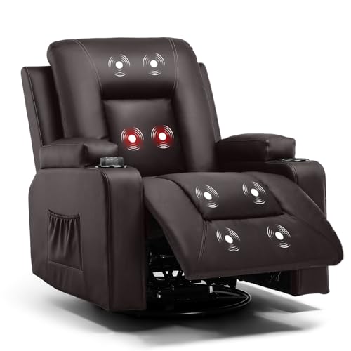 COMHOMA Fauteuil de Relaxation - Fauteuil de Massage avec Fonction allongée - Chauffage par Vibration - Dossier épais et accoudoirs - avec Fonction Bascule - Pivotant à 360° - Marron