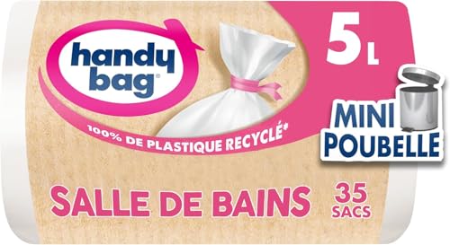 Handy Bag Sacs poubelle à liens pratique Spécial Salle de Bains,avec Fond Anti-Fuite, 100% plastique recyclé, 1 rouleau de 35 sacs poubelle 5L