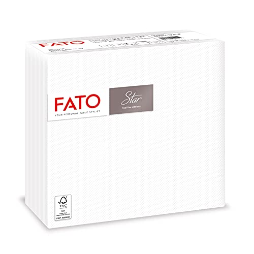 Fato, serviettes en papier jetables, douceur et moelleux, paquet de 40 serviettes, format 38x38 pliées en 4, 2 plis, couleur blanche, papier 100% pure cellulose, certifié FSC