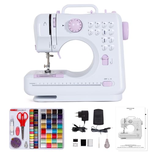 Todeco Machine à coudre portable avec tiroir, Machine à Coudre Débutant avec 12 programmes de couture, avec Kit Couture et pédales, Violet