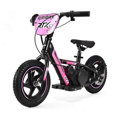 Draisienne électrique pour Enfants RIRIBIKE RTX3 24V (12"), Rose, Batterie au Lithium, Moteur 100W, Frein à Disque, Siège PU Souple réglable