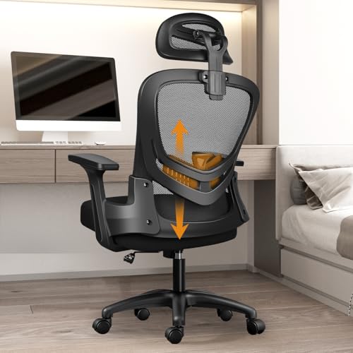 LIMBALAY Chaise de Bureau Ergonomique avec Support Lombaire, Fonction Basculante, Appui-tête Réglable, Accoudoirs et Hauteur Ajustables, Siège en Maille Respirante, Chaise Pivotante pour Ordinateur