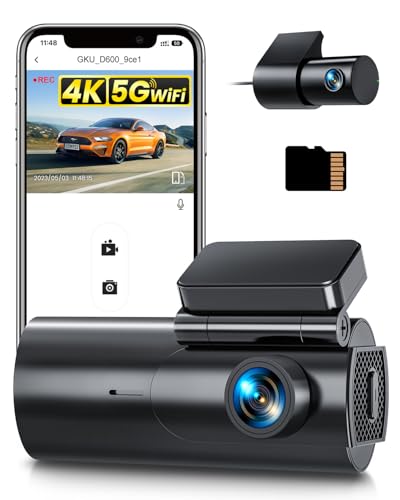 GKU 4K Dashcam Voiture Avant Arrière,5GHz WiFi Caméra Embarquée Voiture avec Carte SD 64G,Camera Voiture Grand Angle 170°,Vision Nocturne,WDR,G-Capteur,Mode Stationnement 24H,Enregistrement en Boucle