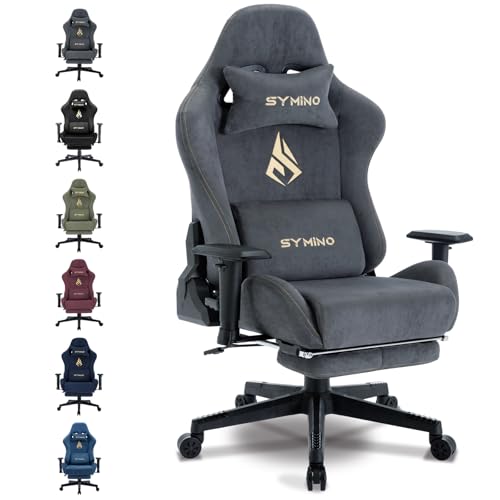 Symino Chaise Gaming Ergonomique et Fauteuil Gamer avec Repose-Pieds Télescopique Coussin à Ressorts, Support Lombaire et Hauteur Réglable 200kg (Faux Daim, Gris)