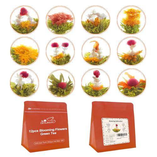 LWXLJMJZC-12 pièces de thé aux fleurs emballées individuellement, blooming tea, thé aux fleurs de jasmin, thé vert avec des fleurs(12 saveurs de fruits)
