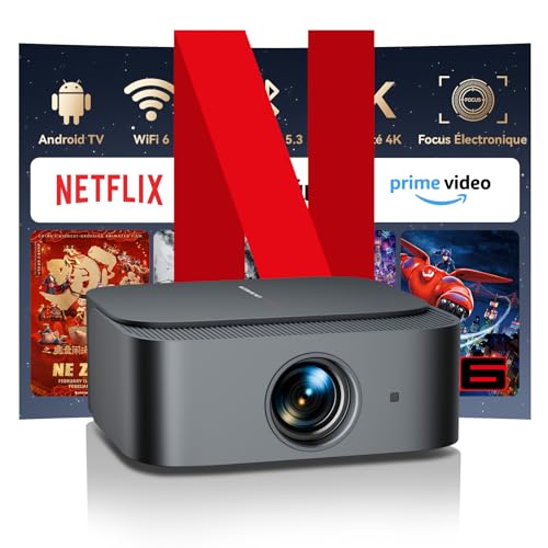 Vidéoprojecteur 4K【Officiel Netflix&Focus Électronique/Correction trapézoïdale】25000 Lumens 1080P Natif Full HD Projecteur Home Cinema, WiFi Bluetooth Vidéoprojecteur Android avec YouTube/Prime Video