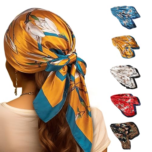 Voarge 5 Pack Femmes Grand Foulards Carrés Satin Foulards,90cmx90cm Foulard Carré Femme,Cheveux Écharpe Sommeil Wraps