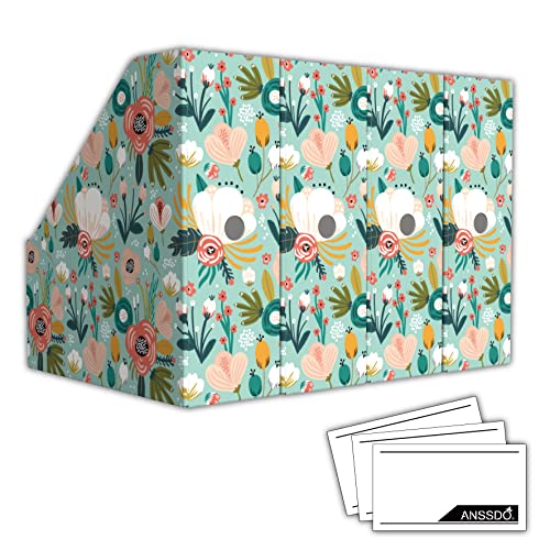 ANSSDO Lot de 6 porte-revues en carton – Organiseur de fichiers de magazines de qualité supérieure, grande boîte de rangement pour livres ou porte-dossiers pour bureau, motif floral bleu sarcelle