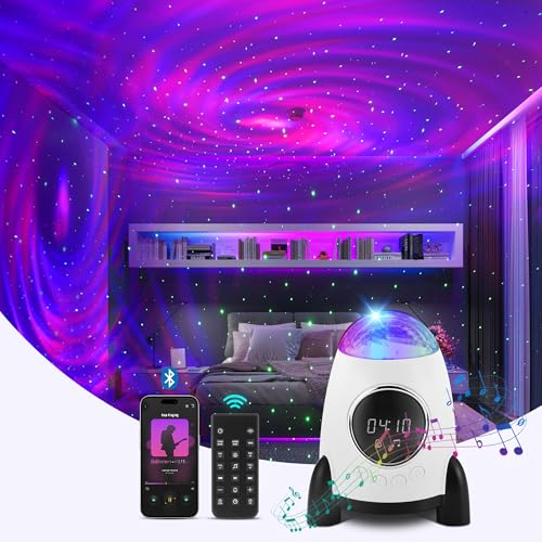 SHXMZS Projecteur Star avec Réveil, Haut-parleur Bluetooth et Projecteur Aurora à Bruit Blanc pour Chambre à Coucher