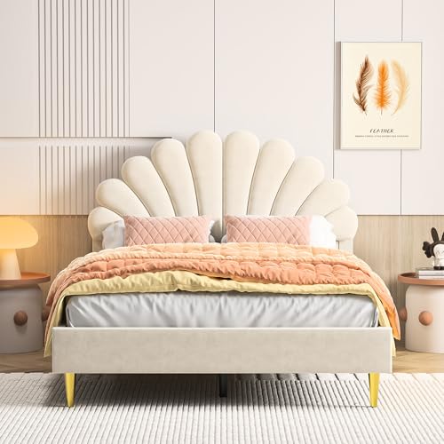 Lit pour Enfant rembourré, 140 x 200 cm, lit Simple/Double pour Fille, Cadre de lit avec tête de lit en Forme de Fleur et sommier à Lattes, Lit pour adolescente, sans Matelas, Velours, Beige