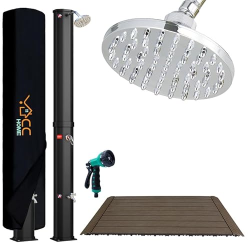 CCLIFE Douche Solaire, Douche de Jardin Solaire de 40 litres,avec Fond en Bois WPC et Housse de Protection, Pommeau de Douche Réglable, Température de l'eau Réglable Jusqu'à 60°
