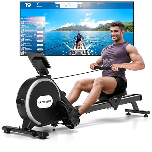 Rameur, DMASUN Rameur Magnétique D'appartement, Rowing Machine Connecter APP avec Écran LCD, 16 Niveaux de Résistance, Mise à Niveau vers Deux Rails, Silencieux, Capacité Maximale 160KG