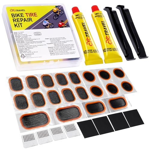 cyctravel Kit Reparation Velo, Haute Performance Rustine Velo, Kit Crevaison Velo Comprend 20 Rustines pour Pneus de Vélo, 2 Pieds-De-Biche, Convient aux VTT, Vélos de Route, Motos