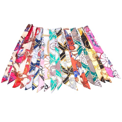 10 PCS Foulard Soie Cheveux, 82×3,6cm, Foulard Cheveux Femme, Écharpes en Satin pour Femmes avec Poignée de Sac à Main Étroite, Motifs Variés, Accessoire Chic et Polyvalent