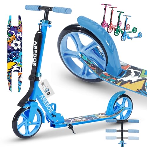 Arebos Trottinette de ville bleue réglable en hauteur | pliable | avec sangle de transport | roues XXL | frein à pédale | pour enfants et adultes | charge maximale 100 kg | Kickscooter