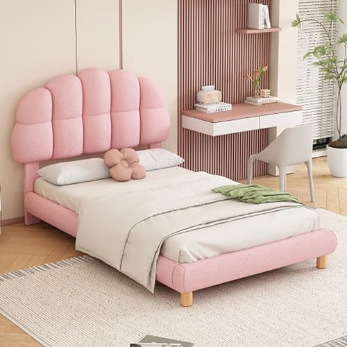 KOMHTOM Lit Simple Rembourré avec Sommier à Lattes en Bois, 90x200cm Lit d'enfan avec Tête de Lit, Cadre de Lit Plateforme(sans Matelas) (Rose)
