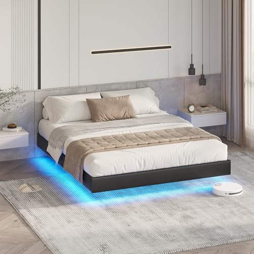 DICTAC Lit 180x200 cm avec LED, Cadre de lit 180x200 Double avec Sommier, Lit Capitonné avec Cachées Jambes,Lits Plate-Forme en avec Sommier à Lattes en Bois, Solide, Assemblage Facile,Noir Moderne