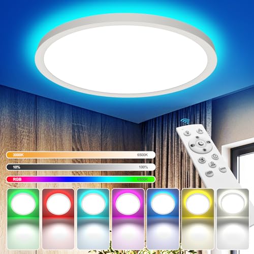 YiLaie Plafonnier LED Dimmable Télécommande,24W RGB Rond luminaire plafonnier,2700LM éclairage de plafond,3000K-6500K Lampe Plafond Moderne Pour Salle de bain,Salon,Chambre,Etanche IP44,Ø30CM