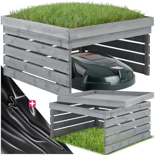 tectake® Abri garage pour Robot tondeuse sans fil périphérique en bois avec Toit végétal bac à plantes bac à fleurs, Rangement jardin pour tondeuse gazon, Résistant aux intempéries & UV