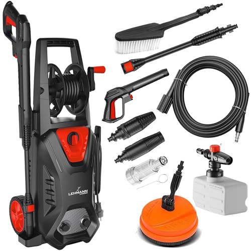 Lehmann Hudson Nettoyeur Haute Pression avec Pompe en Aluminium, 1800 W, Pression Max. 220 Bar, Débit 450 l/h, Kit D'accessoires – Brosse de Terrasse, Mousseur, Brosse pour Jantes