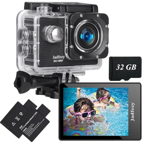 Jadfezy Camera Sport 1080P FHD avec Carte Mémoire 32GB,Etanche 30M Caméra d'action Grand Angle, avec Deux Piles Rechargeables 900 mAh Caméra Sport et kit d'accessoires
