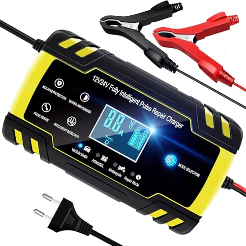 YDBAO Chargeur Batterie Voiture 8A 12V/24V Chargeur pour Auto Moto Intelligent avec Réparation Écran LCD Tactile Protections Multiples pour AGM Gel Wet SLA VRLA EFB (6AH-150AH)